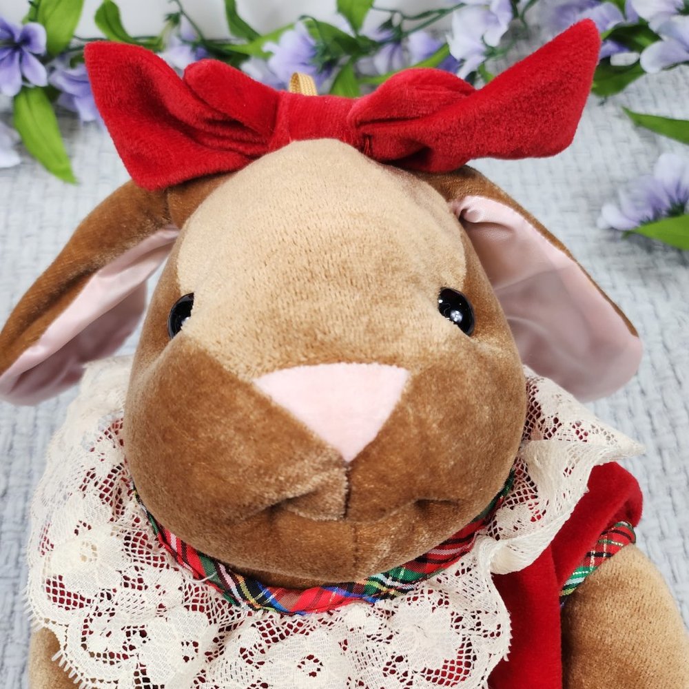 Vintage 1985 Velveteen Rabbit Plush Bunny Toys R Us Red Velvet Dress Easter - Picture 3 of 5